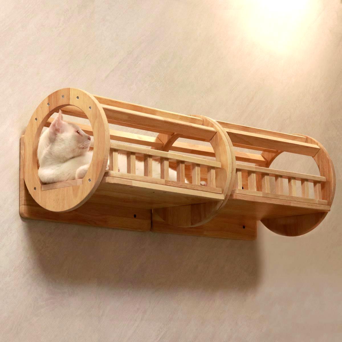 Modular Wall Cat Tunnel | Open Cat Shelf | Rubberwood Cat Wall Furniture