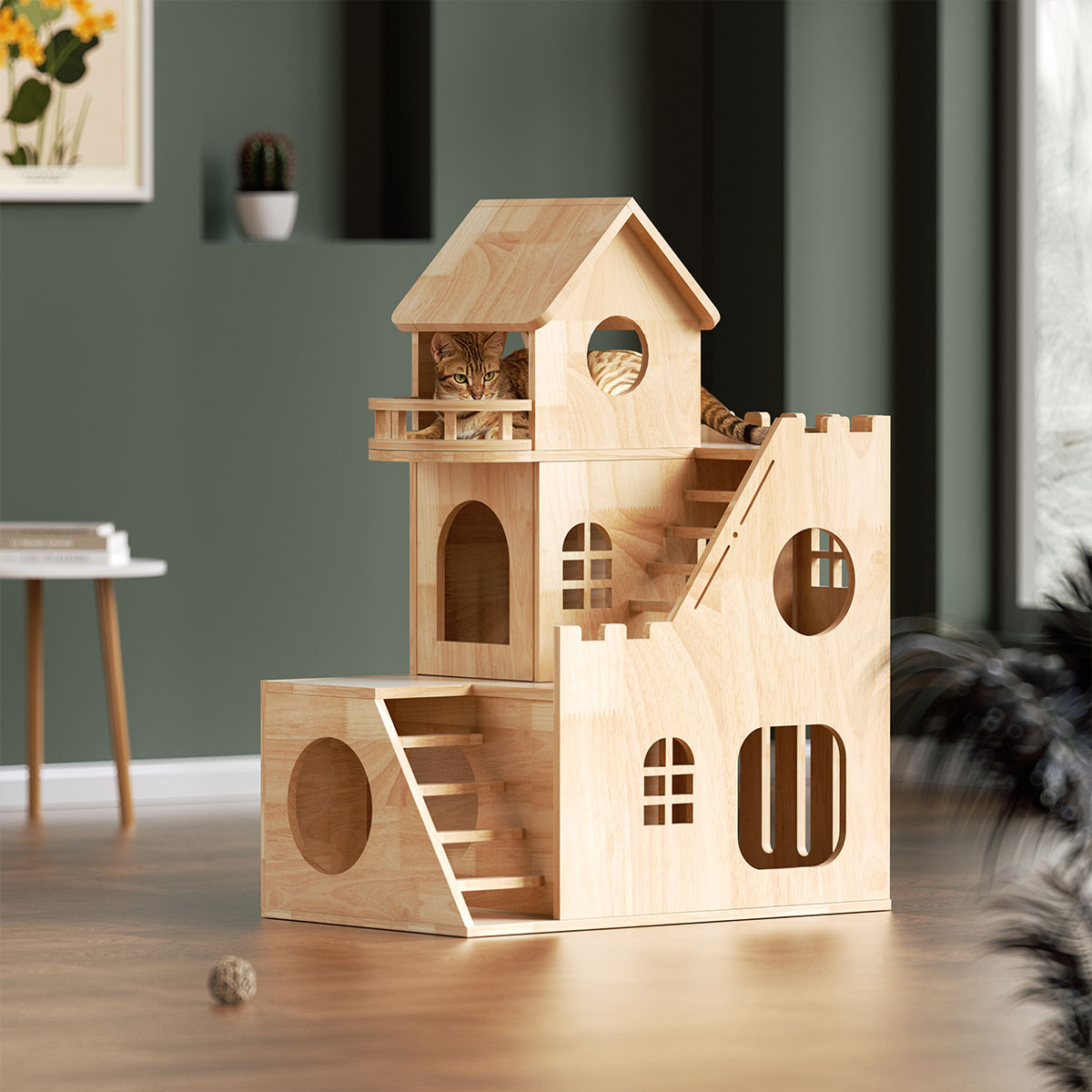 PETOMG-kissatalo, kissan asunto, puinen kissapuu (linnatyyli)| Kumipuu