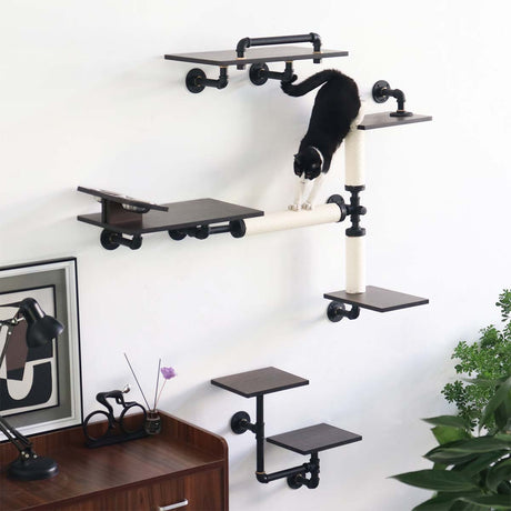 Smoky Rubber Wood Cat Shelves | Modern Minimalist Wall-Mounted Cat Tree | Bundle Set