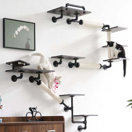 Modern Luxury Industrial Wall-Mounted Cat Shelves Set | Smoky Rubberwood