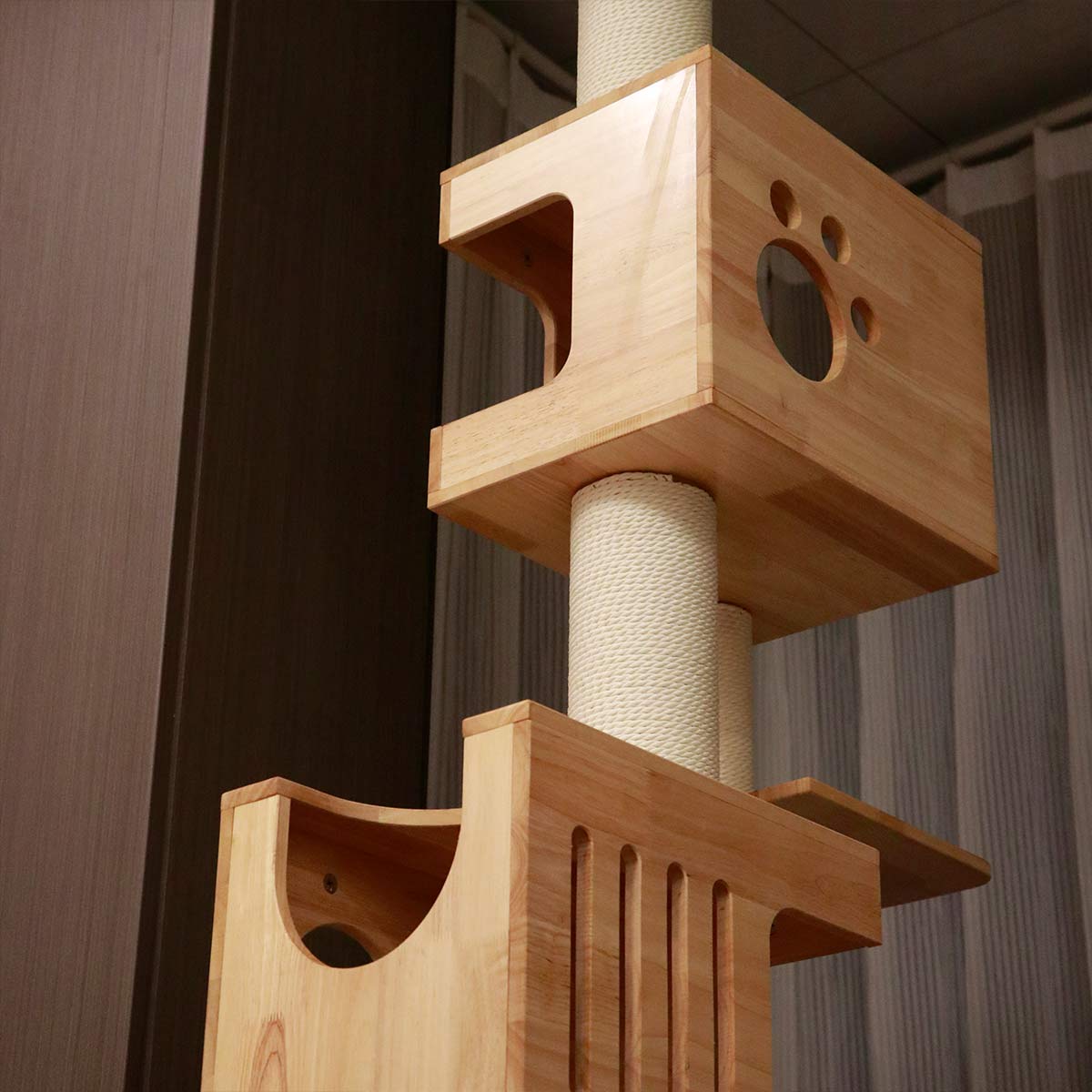 PETOMG Ceiling to Floor Cat Tree, Rubber Wood, No Drilling, Adjustable Height (90.6'' - 110.2'')