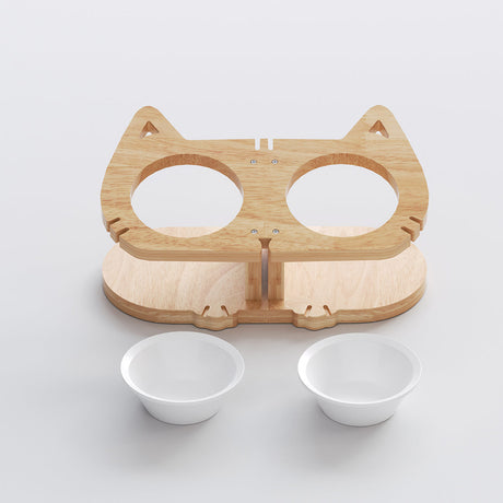 PETOMG Cat Bowls, Elevated Cat Bowl, Ceramic Cat Bowls, Raised Cat Food Bowls | Rubberwood