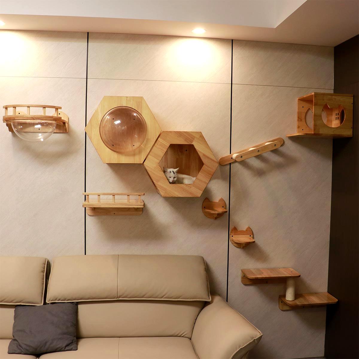 Hexagonal Wall-Mounted Cat Furniture Set | Modular Design with Transparent Domes | Perfect for Active Cats