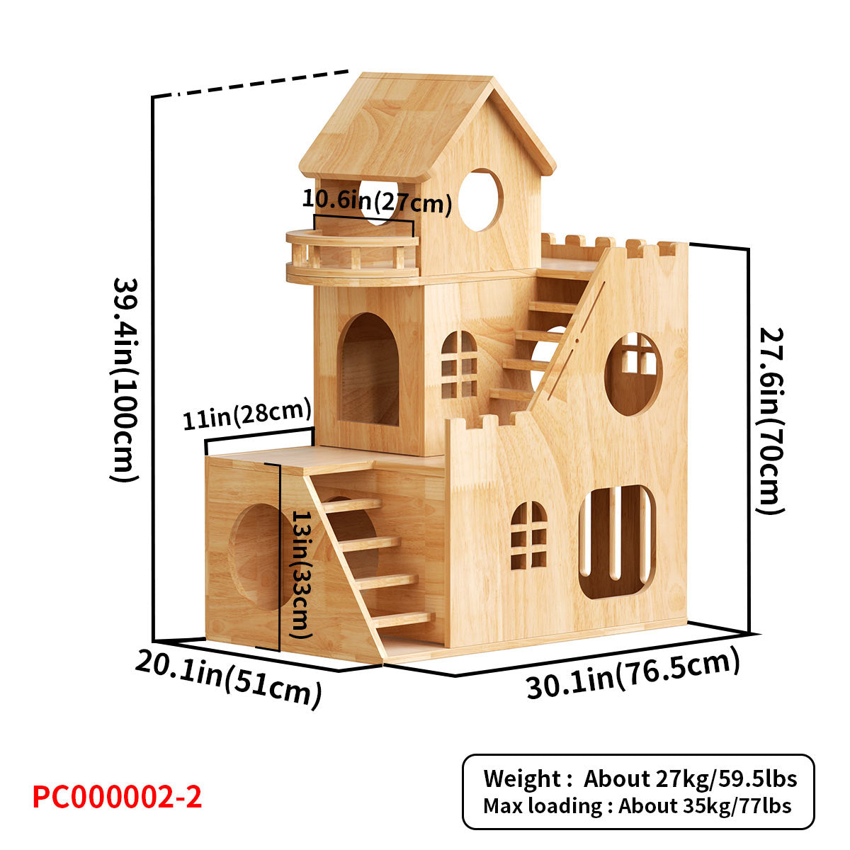 Casa para gatos de madera de caucho, condominio para gatos (estilo castillo) 76,5*51*100 cm