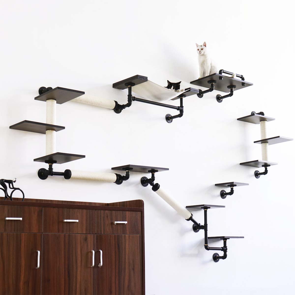 Wall-Mounted Cat Shelves (10PCS) | Smoky Wood & Aluminum Design