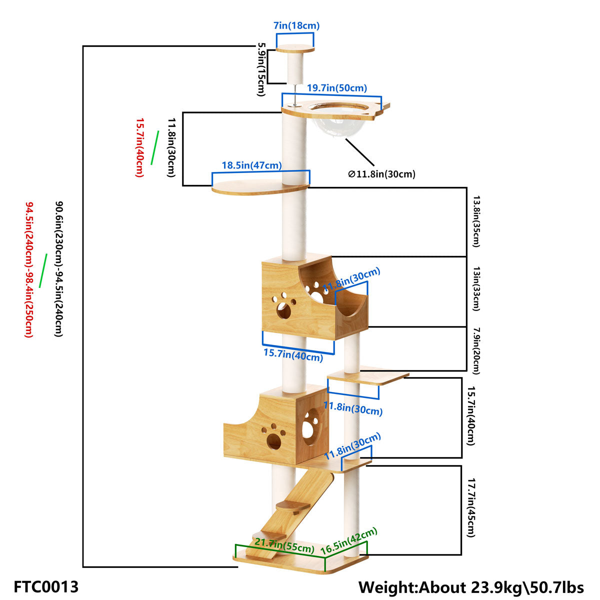 PETOMG Árbol para Gatos de Techo a Suelo de Madera de Goma, sin Perforaciones, Altura Ajustable (230 cm - 280 cm)