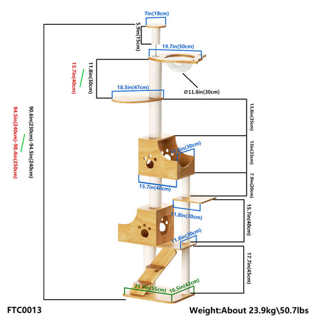 PETOMG Rubber Wood Ceiling to Floor Cat Tree, No Drilling, Adjustable Height (90.6'' - 110.2'')
