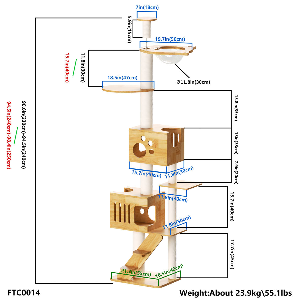 PETOMG Ceiling to Floor Cat Tree, Rubber Wood, No Drilling, Adjustable Height (90.6'' - 110.2'')