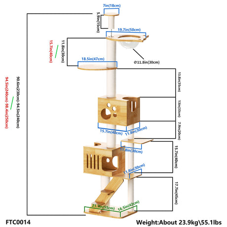 PETOMG Ceiling to Floor Cat Tree, Rubber Wood, No Drilling, Adjustable Height (90.6'' - 110.2'')