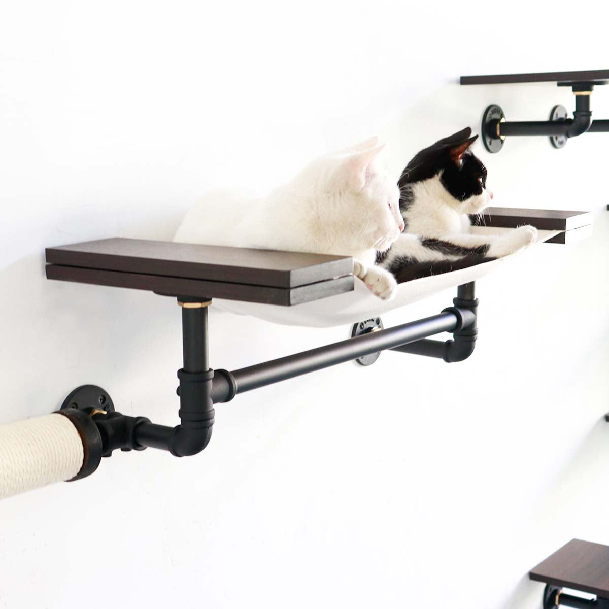 Wall-Mounted Cat Shelves (10PCS) | Smoky Wood & Aluminum Design