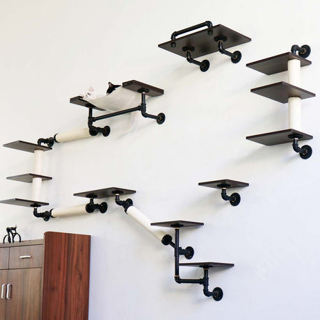 Wall-Mounted Cat Shelves (10PCS) | Smoky Wood & Aluminum Design