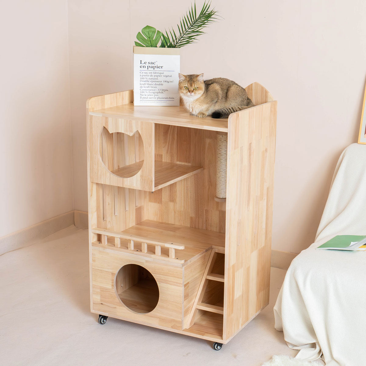 PETOMG Casa para gatos, condominio para gatos, muebles para gatos, soporte para gatos | Madera de caucho 1,06m