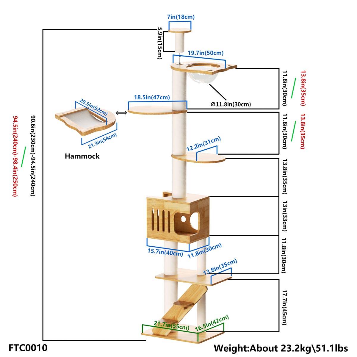 PETOMG Árbol para Gatos de Madera de Goma del Piso al Techo, sin Perforaciones, Altura Ajustable (230 cm - 280 cm)