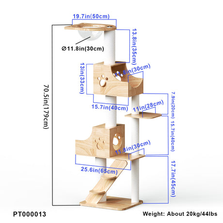 PETOMG Rubber Wood Modern Cat Tree, Tall Cat Tree 21.7''*16.5''*70.5''