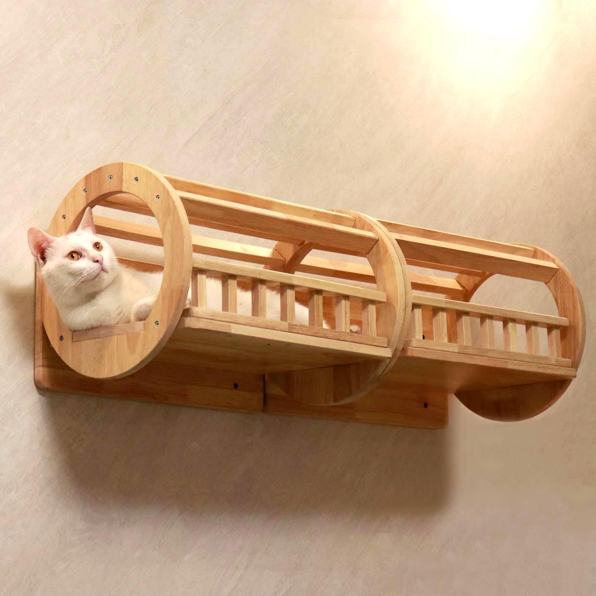 Modular Wall Cat Tunnel | Open Cat Shelf | Rubberwood Cat Wall Furniture