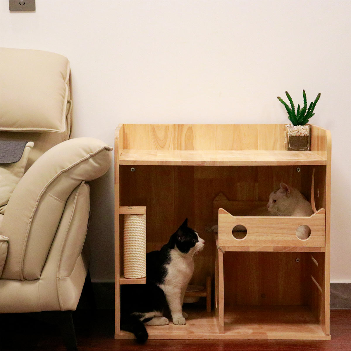Casa para gatos de madera de caucho, condominio para gatos