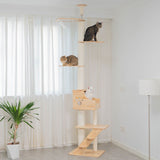 PETOMG Rubber Wood Floor to Ceiling Cat Tree, No Drilling, Adjustable Height(90.6'' - 110.2'')