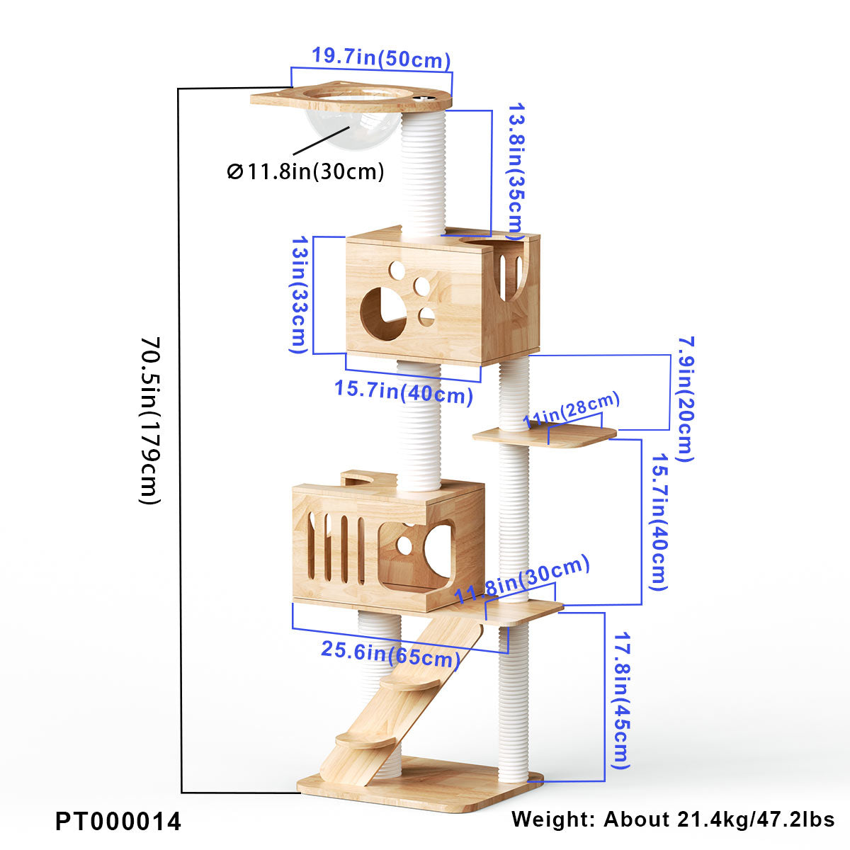 PETOMG Árbol para gatos estético de madera de caucho, árbol alto para gatos 55*42*179 cm