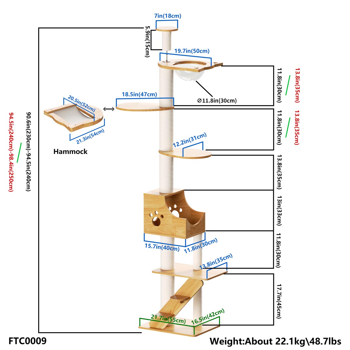 PETOMG Árbol para Gatos de Piso a Techo de Madera de Goma, sin Perforaciones, Altura Ajustable (230 cm - 280 cm)