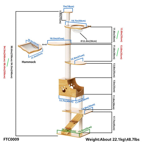 PETOMG Rubber Wood Floor to Ceiling Cat Tree, No Drilling, Adjustable Height(90.6'' - 110.2'')