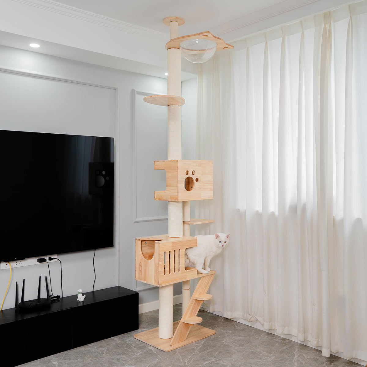 PETOMG Ceiling to Floor Cat Tree, Rubber Wood, No Drilling, Adjustable Height (90.6'' - 110.2'')