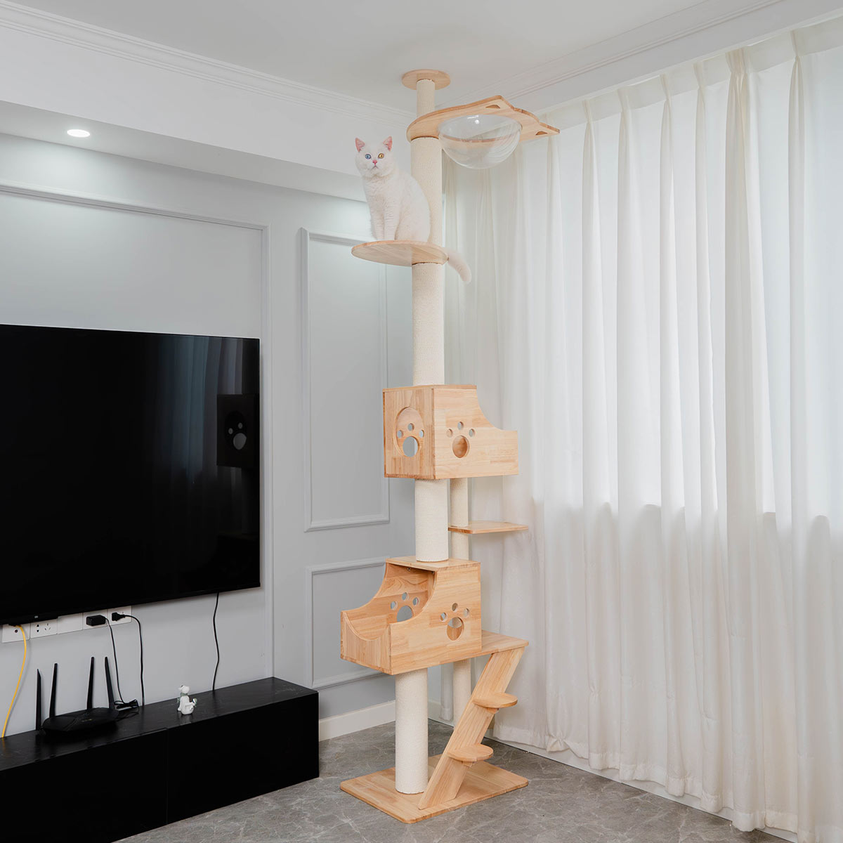 PETOMG Árbol para Gatos de Techo a Suelo de Madera de Goma, sin Perforaciones, Altura Ajustable (230 cm - 280 cm)