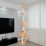 PETOMG Rubber Wood Ceiling to Floor Cat Tree, No Drilling, Adjustable Height (90.6'' - 110.2'')