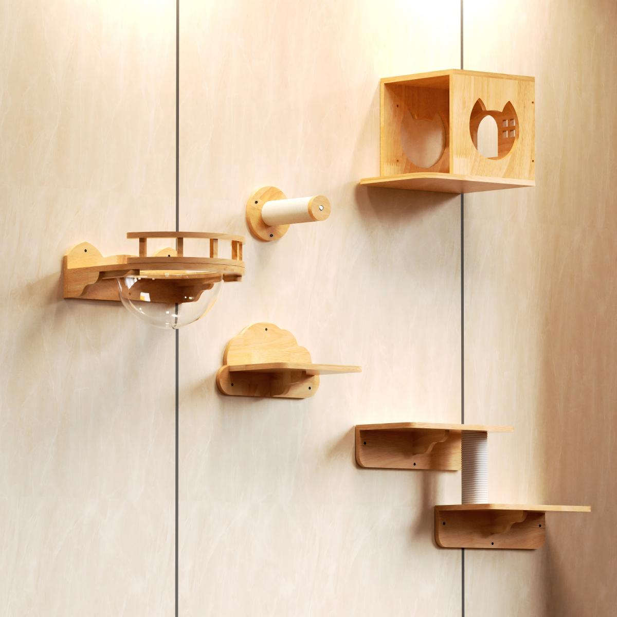 PETOMG Cat Shelf Wall, Cat Climbing Wall, DIY Cat Shelves |  Cat Wall Mounted Set | Rubberwood