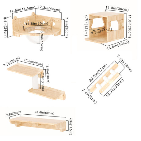 PETOMG Estantes para gatos de madera de caucho, muebles de pared para gatos | Juego de pared para gatos