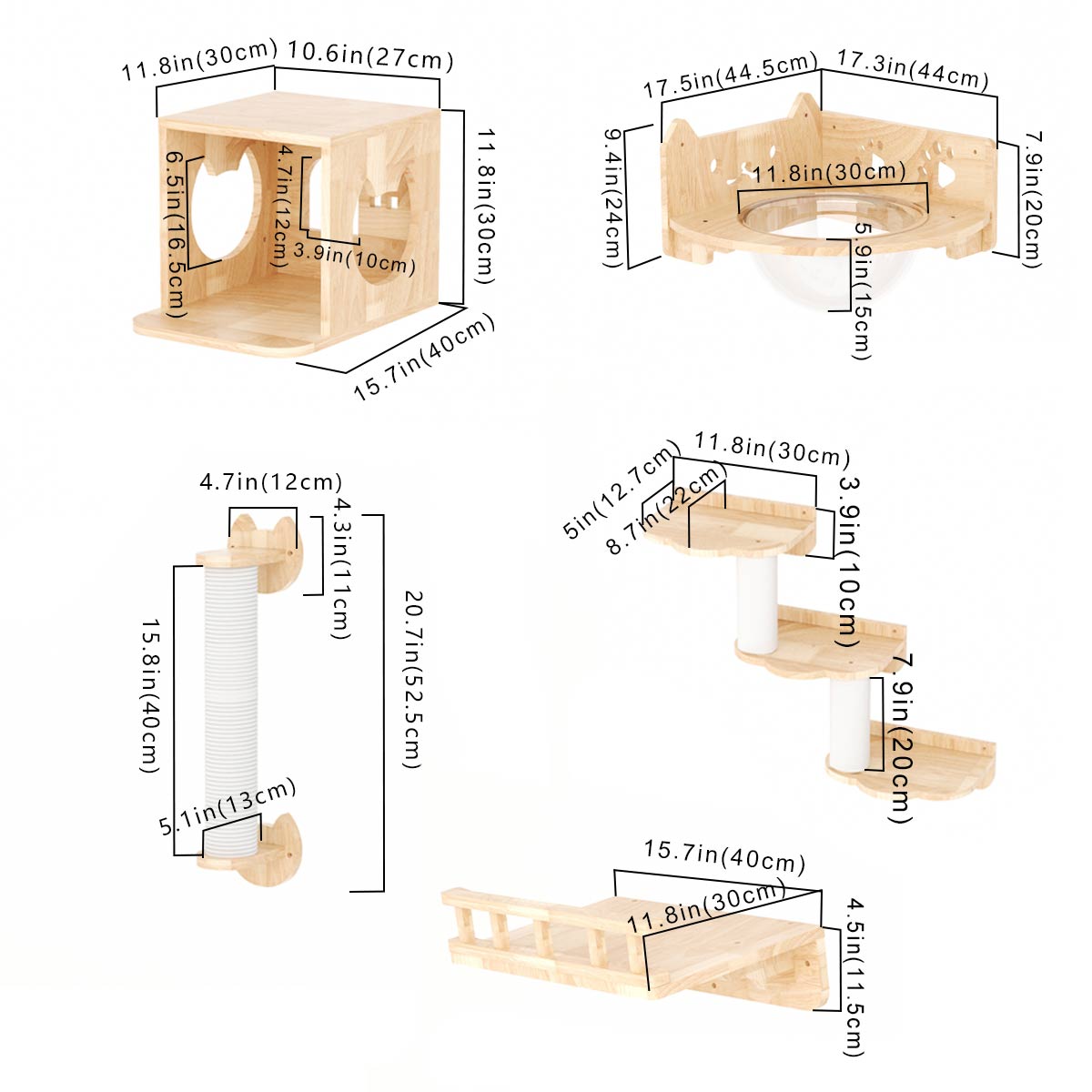 PETOMG DIY Cat Shelves, Rubberwood Cat Wall Furniture| Cat Wall Mounted Set