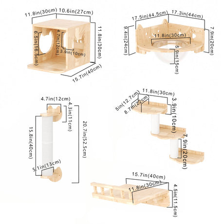 PETOMG Estantes para gatos DIY, muebles de pared para gatos de madera de caucho | Juego de pared para gatos