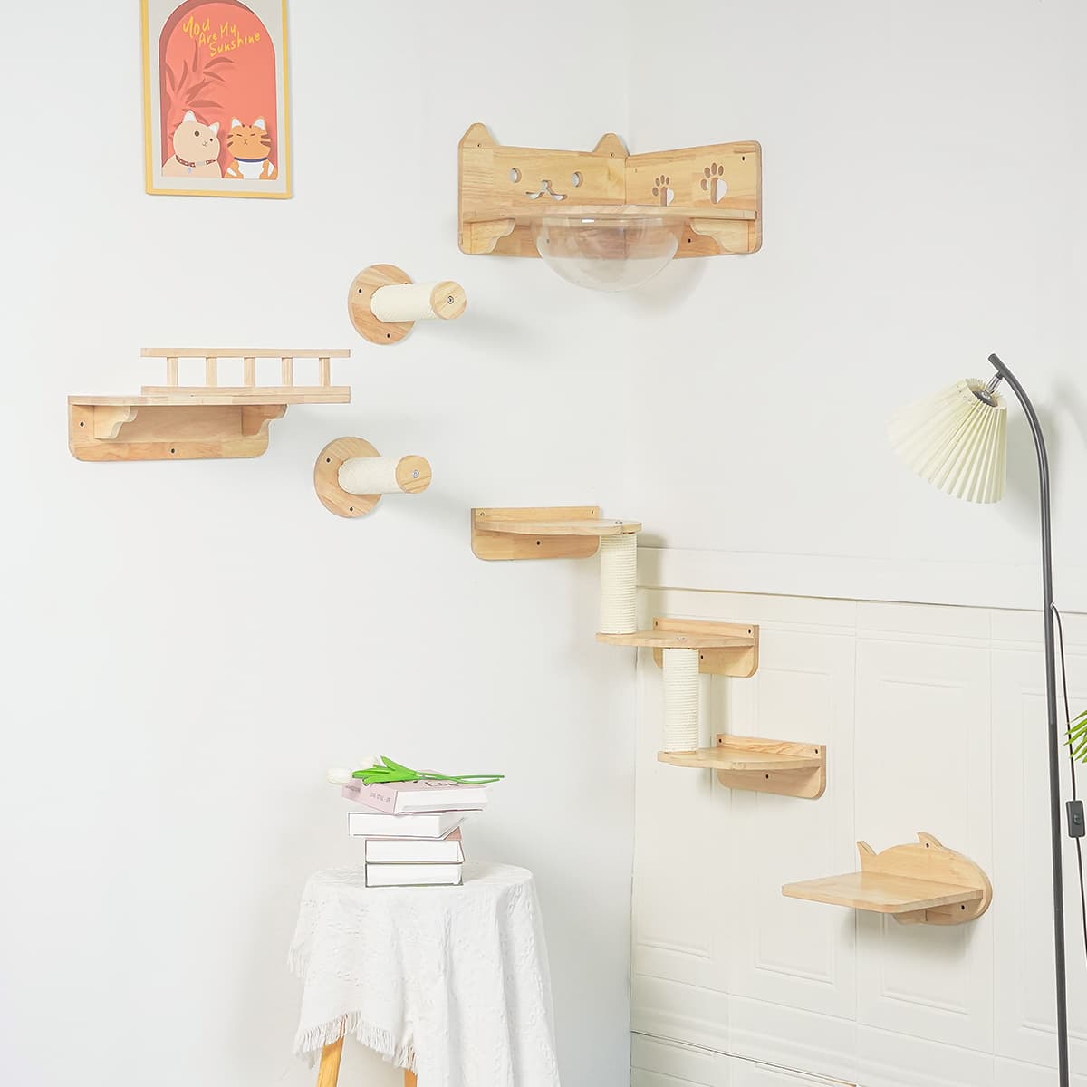 PETOMG Estantes para gatos, estante de pared para gatos DIY, escalones para gatos de madera de caucho | Juego de pared para gatos