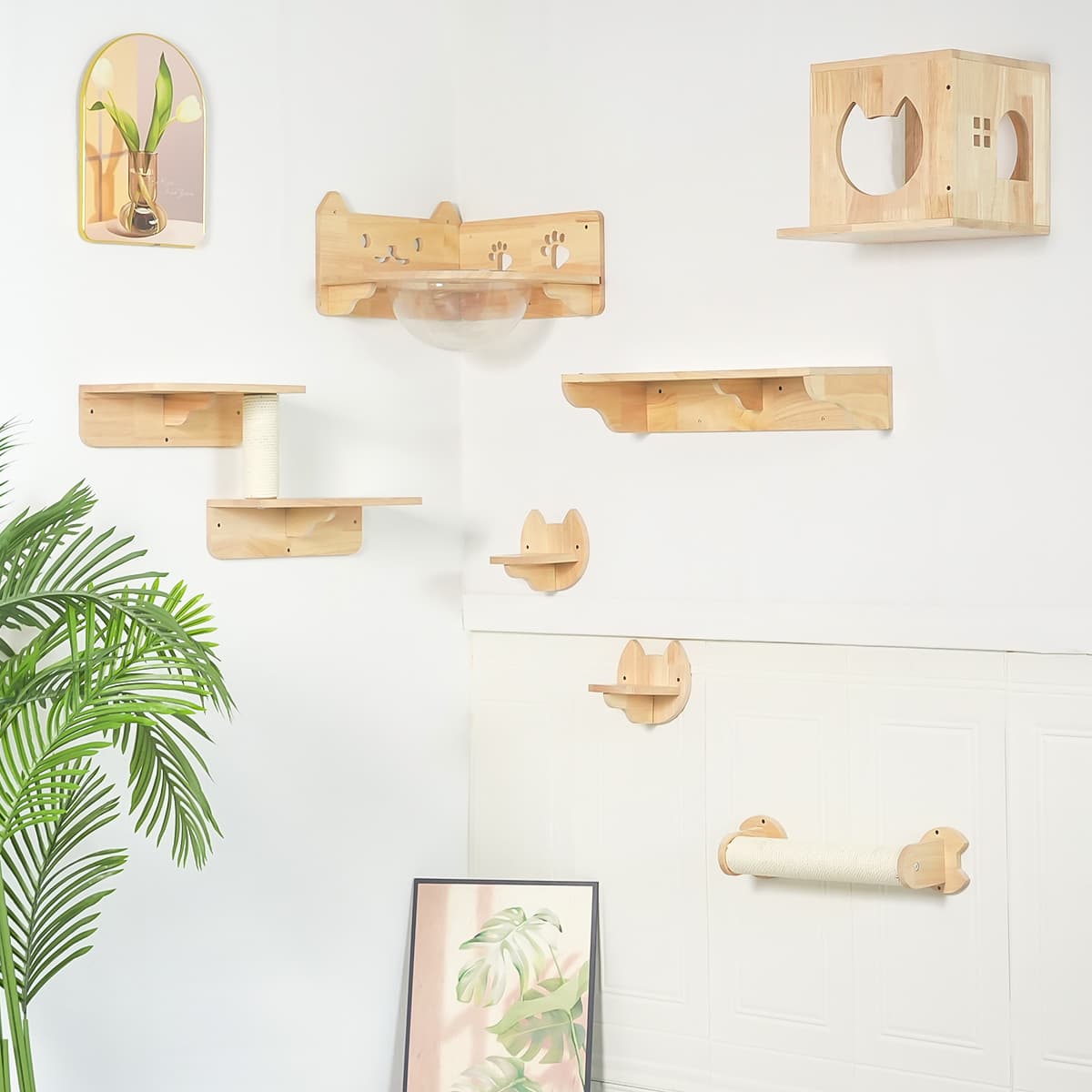 PETOMG Cat Shelves, Rubberwood DIY Cat Shelves| Cat Wall Mounted Set