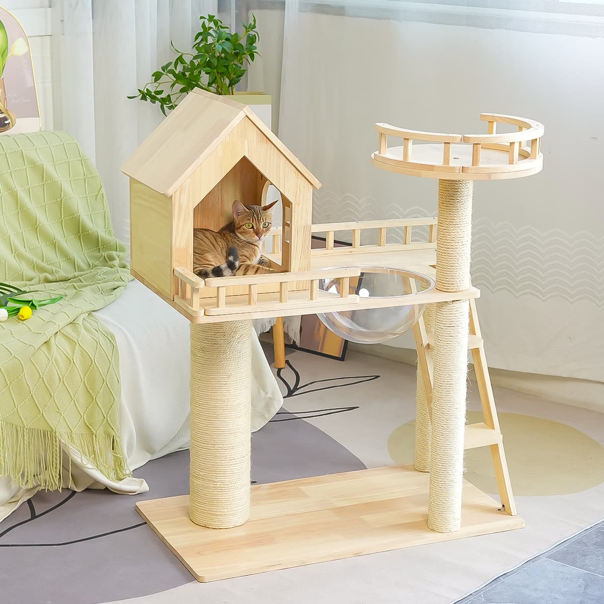 Rubberwood Cat Tree, Cat Tower 34.6''*15.7''*42''