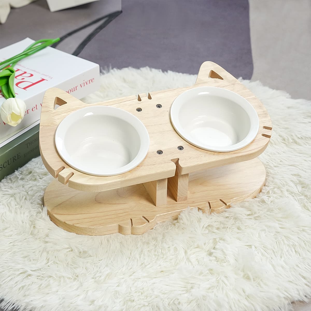 PETOMG Cat Bowls, Elevated Cat Bowl, Ceramic Cat Bowls, Raised Cat Food Bowls | Rubberwood