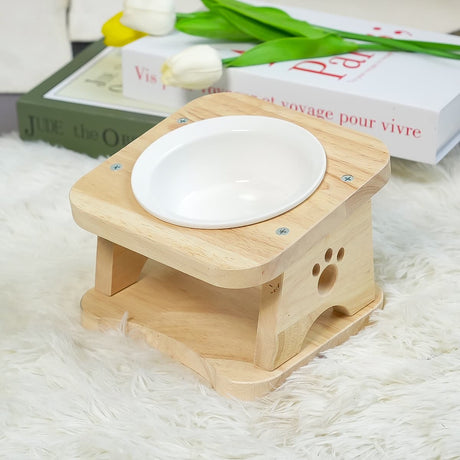 PETOMG Cat Bowls, Elevated Cat Bowl, Ceramic Cat Bowls, Raised Cat Food Bowls | Rubberwood