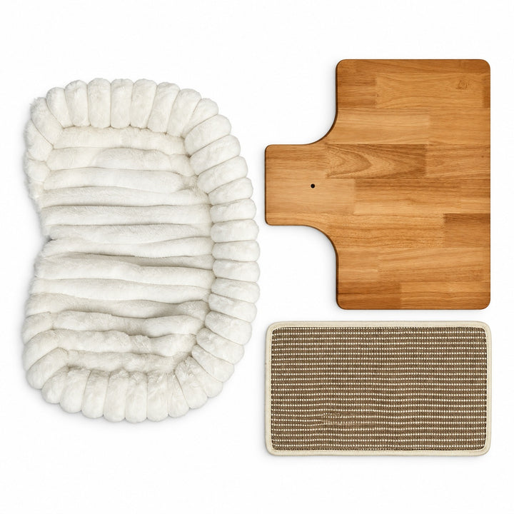 Wooden platform with its included soft bed cushion and sisal mat
