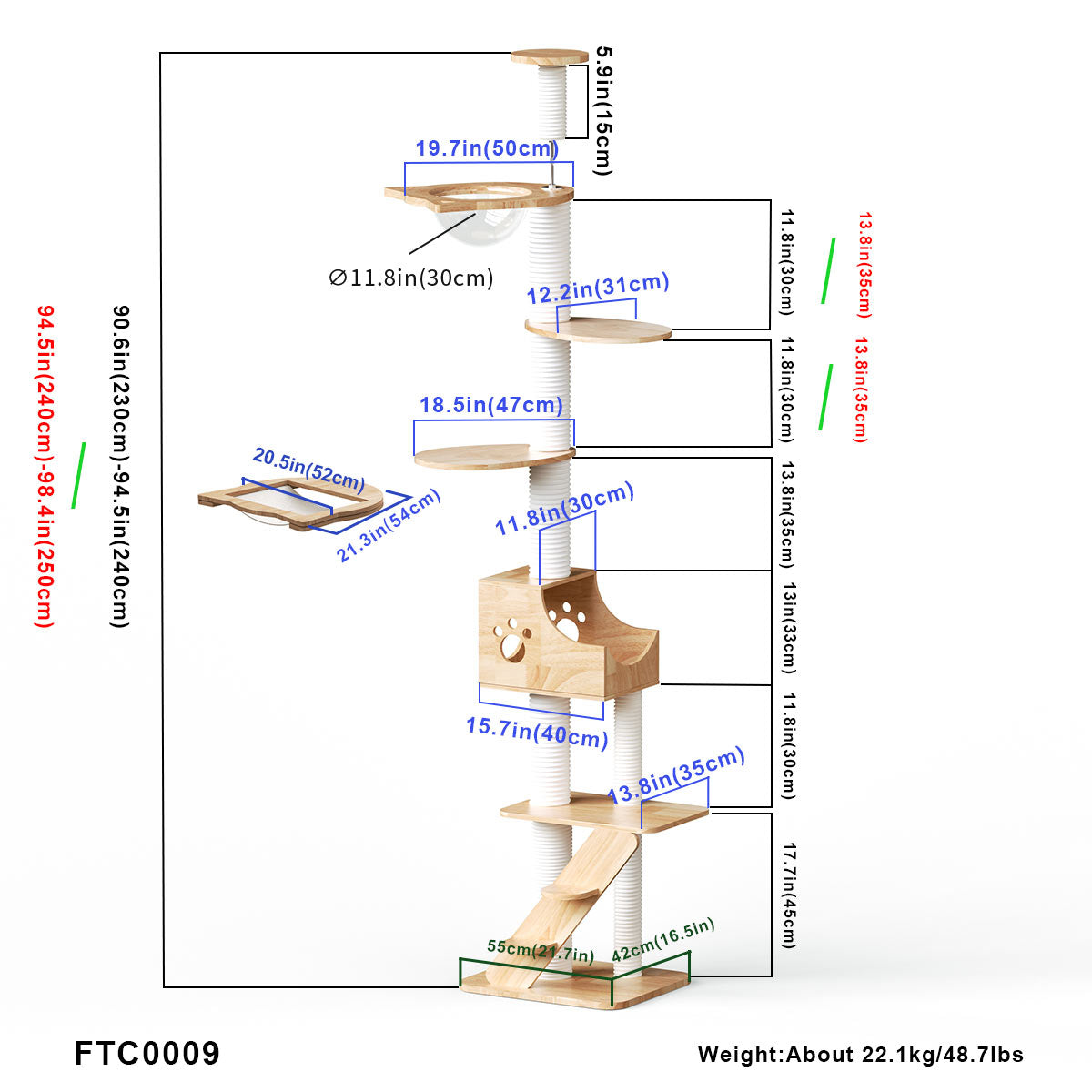 PETOMG Rubber Wood Floor to Ceiling Cat Tree, No Drilling, Adjustable Height(90.6'' - 110.2'')