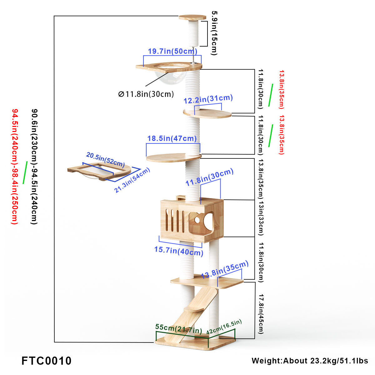 PETOMG Árbol para Gatos de Madera de Goma del Piso al Techo, sin Perforaciones, Altura Ajustable (230 cm - 280 cm)