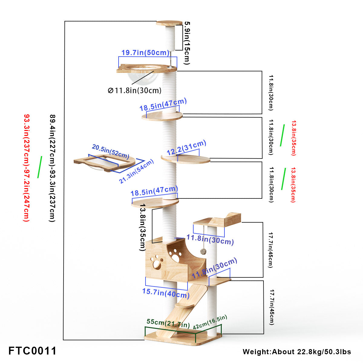 PETOMG Floor to Ceiling Cat Tree, Rubber Wood, No Drilling, Adjustable Height (89.4'' - 109'')