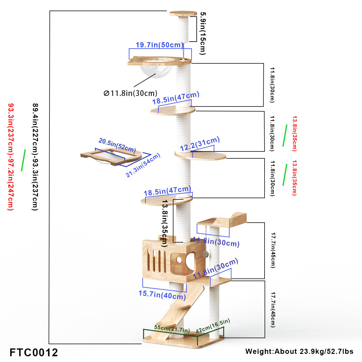 PETOMG Cat Tree Floor to Ceiling, Rubber Wood, No Drilling, Adjustable Height(89.4'' - 109'')