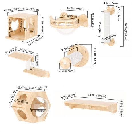 Hexagon Cat Shelf Set, Cat Wall Furniture for Large Cats | Rubber Wood