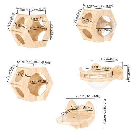 Hexagon Cat Shelves, Wall Mounted Cat Furniture | Rubber Wood