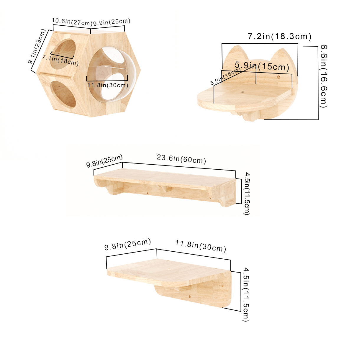 Hexagon Cat Shelf Set(Wall Mounted) | Rubber Wood