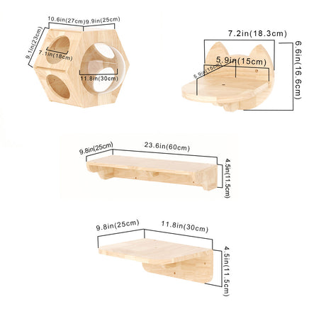 Hexagon Cat Shelf Set(Wall Mounted) | Rubber Wood