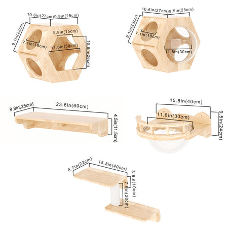 Wall Mounted Hexagon Cat Shelf Set | Rubber Wood