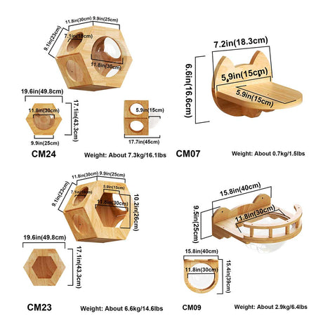 Estantes hexagonales para gatos, muebles para gatos montados en la pared | Madera de caucho