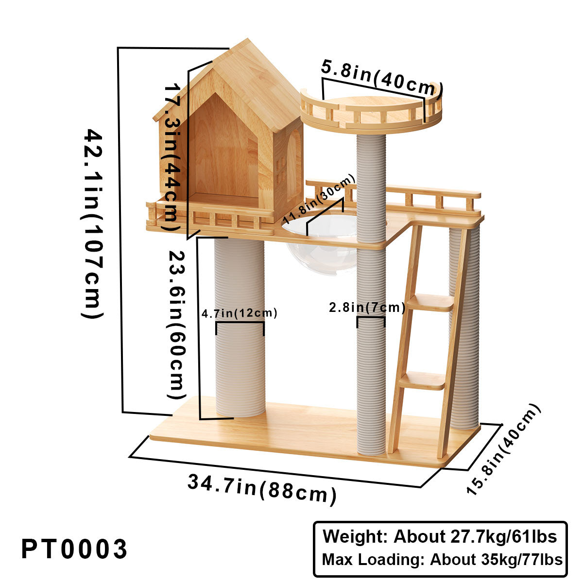 Árbol para gatos de madera de caucho, torre para gatos 88*40*107cm