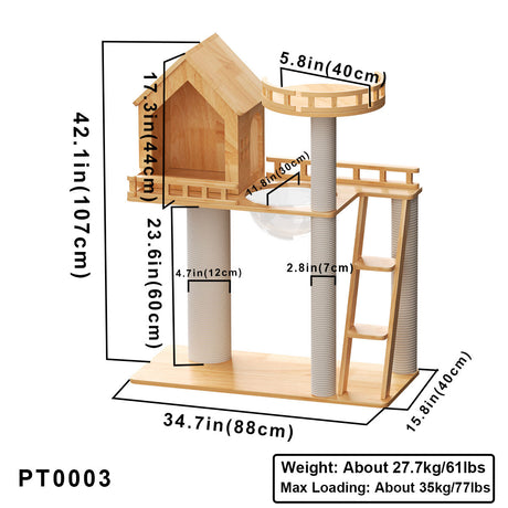 Rubberwood Cat Tree, Cat Tower 34.6''*15.7''*42''