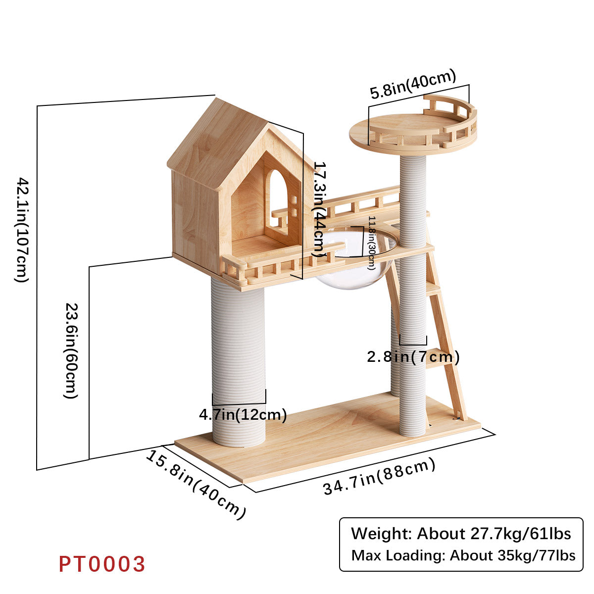 Rubberwood Cat Tree, Cat Tower 34.6''*15.7''*42''